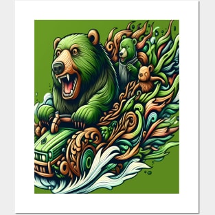 Animated Bears Riding a Green Car in a Vibrant Fantasy Illustration Posters and Art